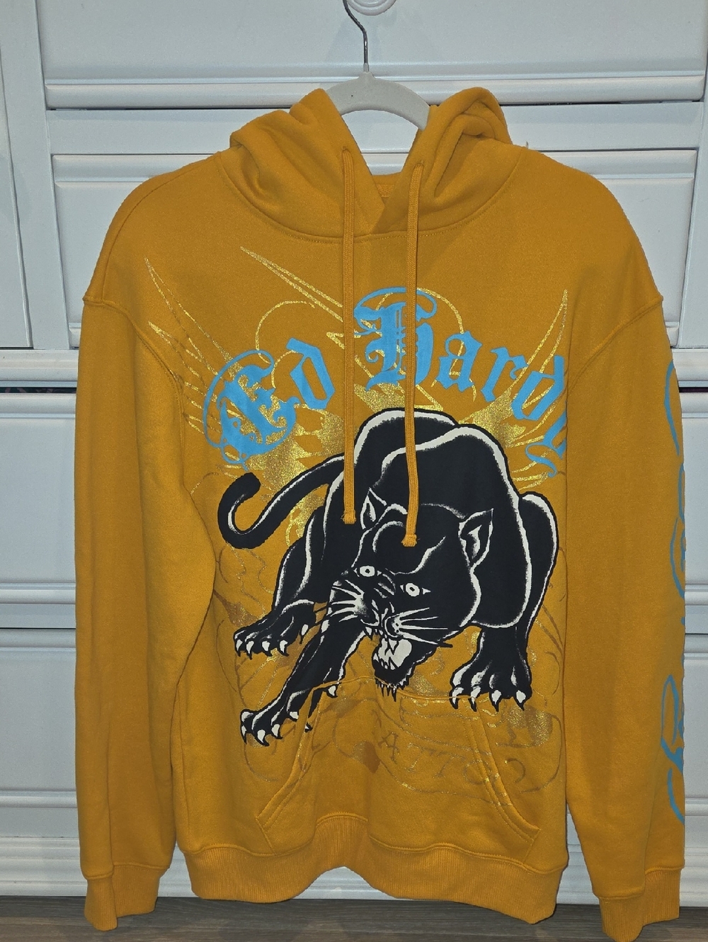 Ed Hardy Mustard Yellow Hoodie with Black Panther and Blue Script